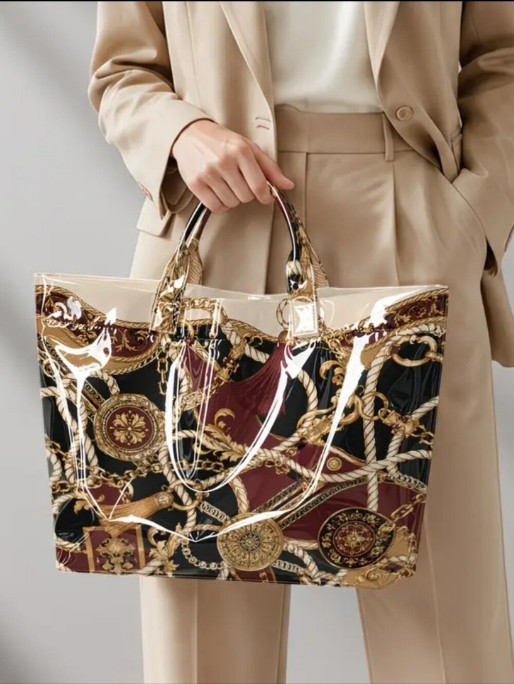 Women Chain Rope Pattern Print PVC Tote Bag Large